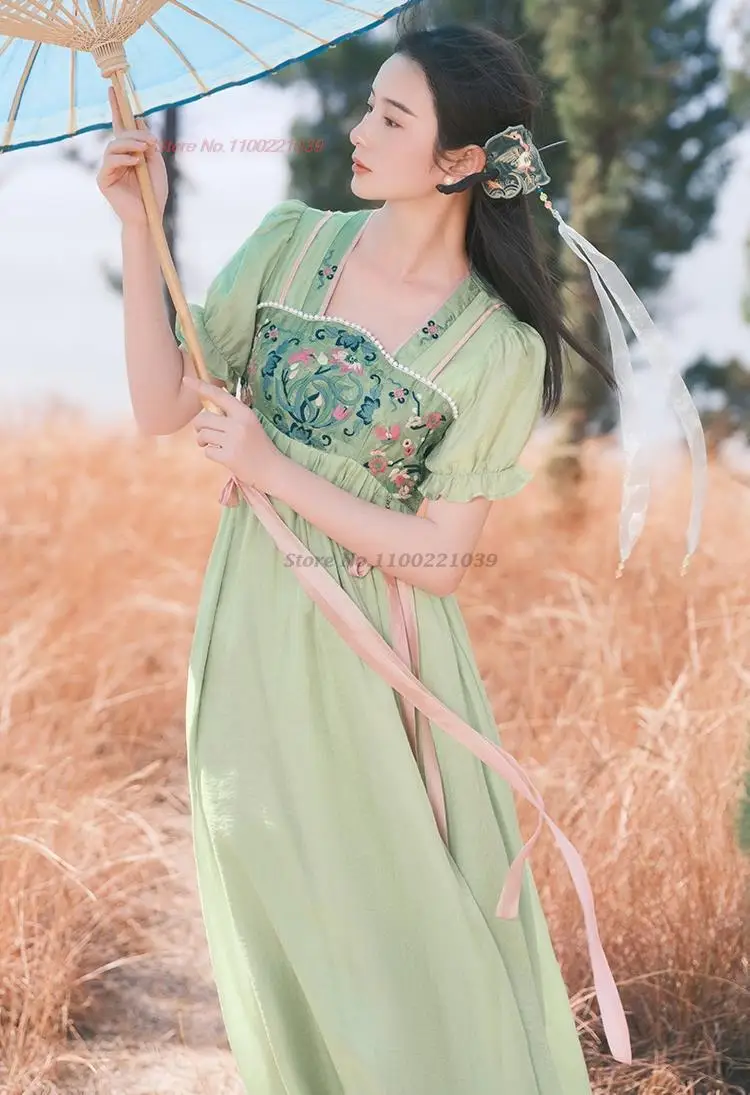 

2024 traditional chinese hanfu dress national fairy princess costume flower embroidery chiffon dress oriental folk dance suit