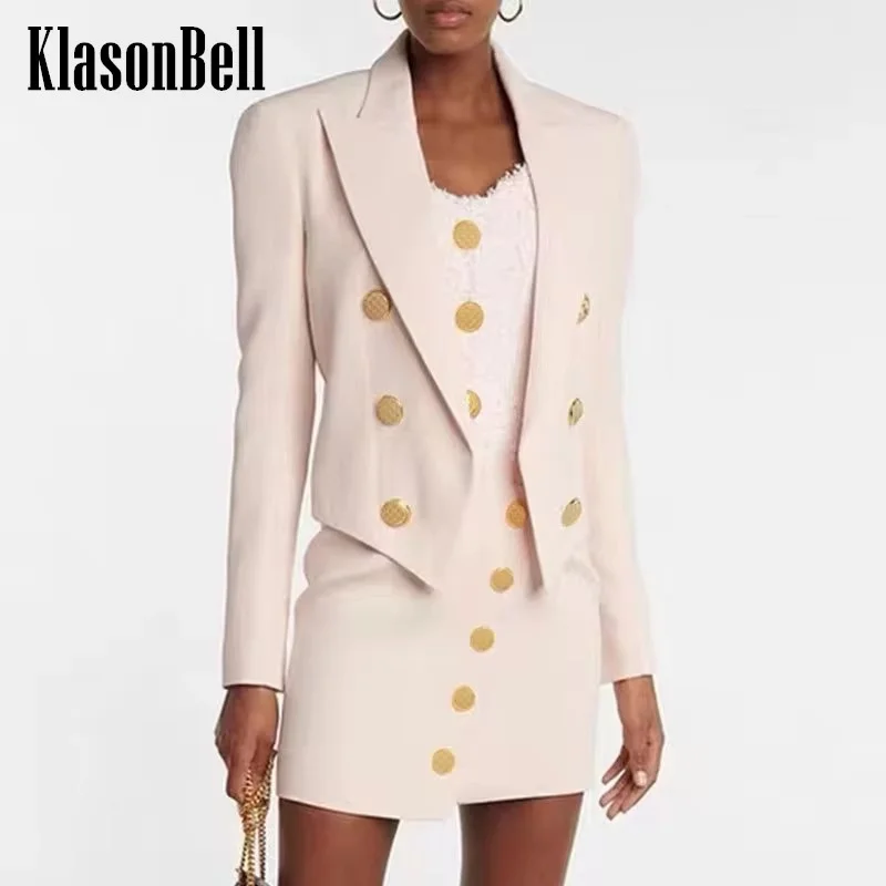 

8.3 KlasonBell Women Lapel Collar Double Breasted Short Blazer Or Irregular Gold Button Skirt Fashion Elegant Acetate Set