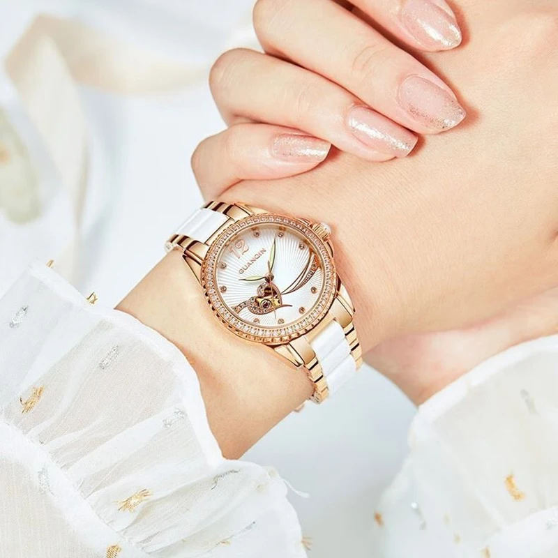 GUANQIN Luxury Women Mechanical Watch Automatic Movement Heart-Shaped Skeleton Steel Dial Leisure 50M Waterproof Luminous Clock