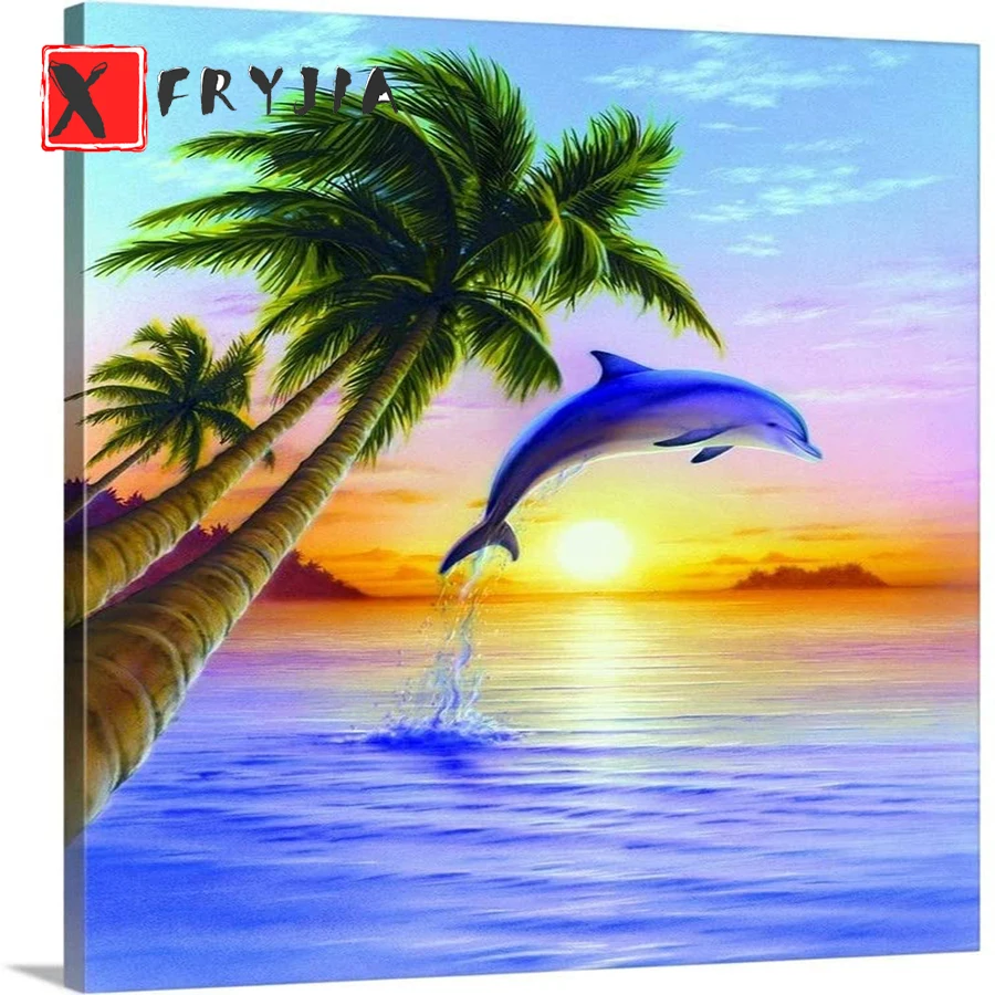 

Home art Diamond Painting Sunset dolphins playing in the coconut tree 5d DIY Diamond Embroidery Square Round Diamond Mosaic