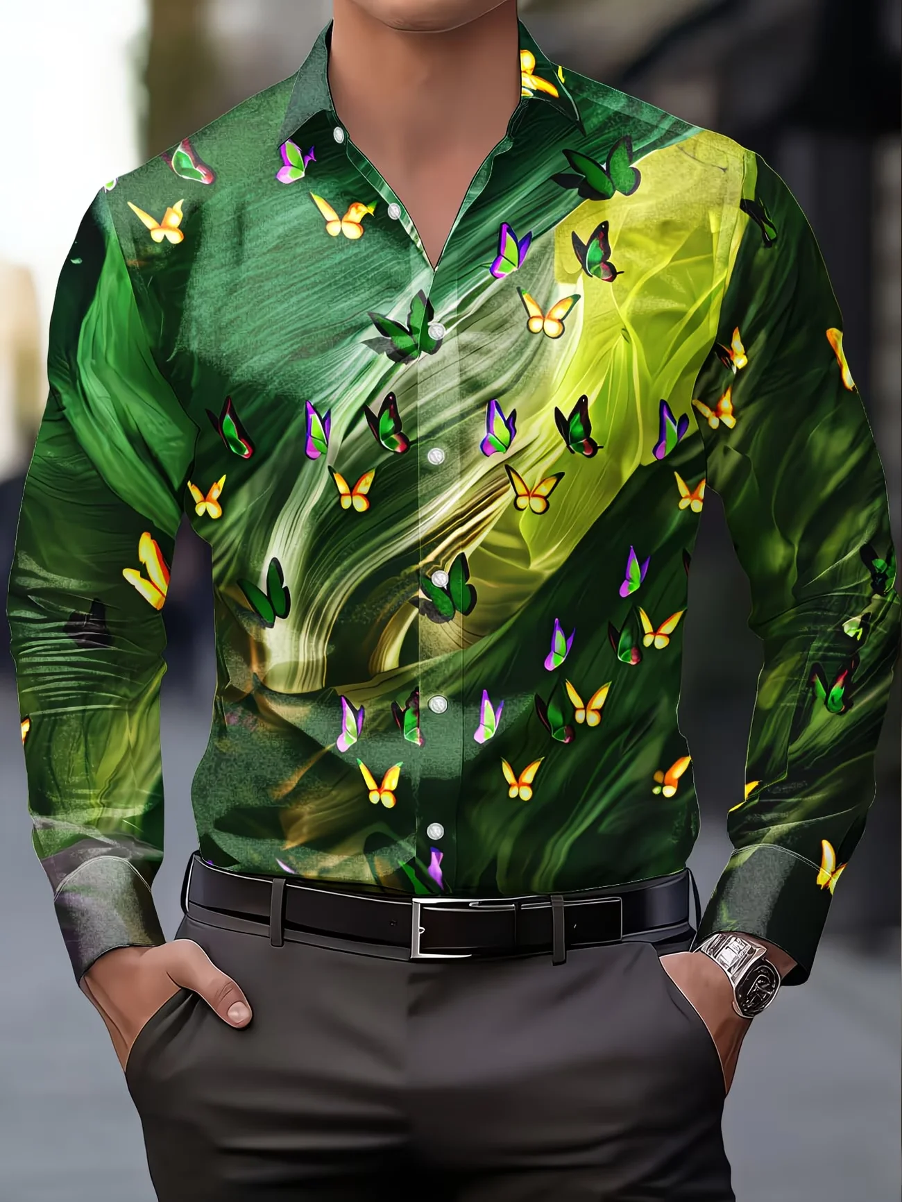 New Black Gold Gilded Art Flower 3D Printed Men's Long Sleeve Shirt with Flip Collar Light Luxury Shirt