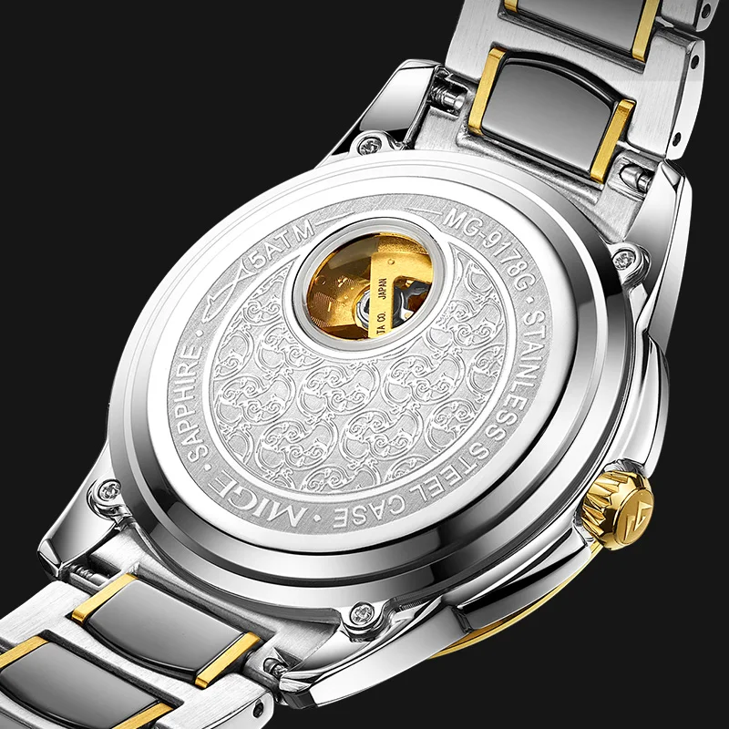 MIGE Original Miyota reloj mecánico automático para parejas esqueleto diamante zafiro 24K oro reloj de pulsera de acero inoxidable