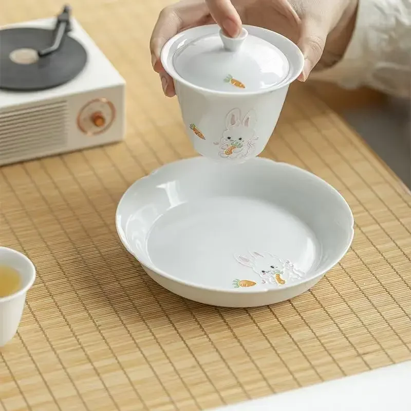 1PC Jade Mud Cute Style Hand-painted Cute Rabbit Pot Bearing Tea Ceremony Disc Multi-purpose Refreshment Plate Melon Fruit Plate