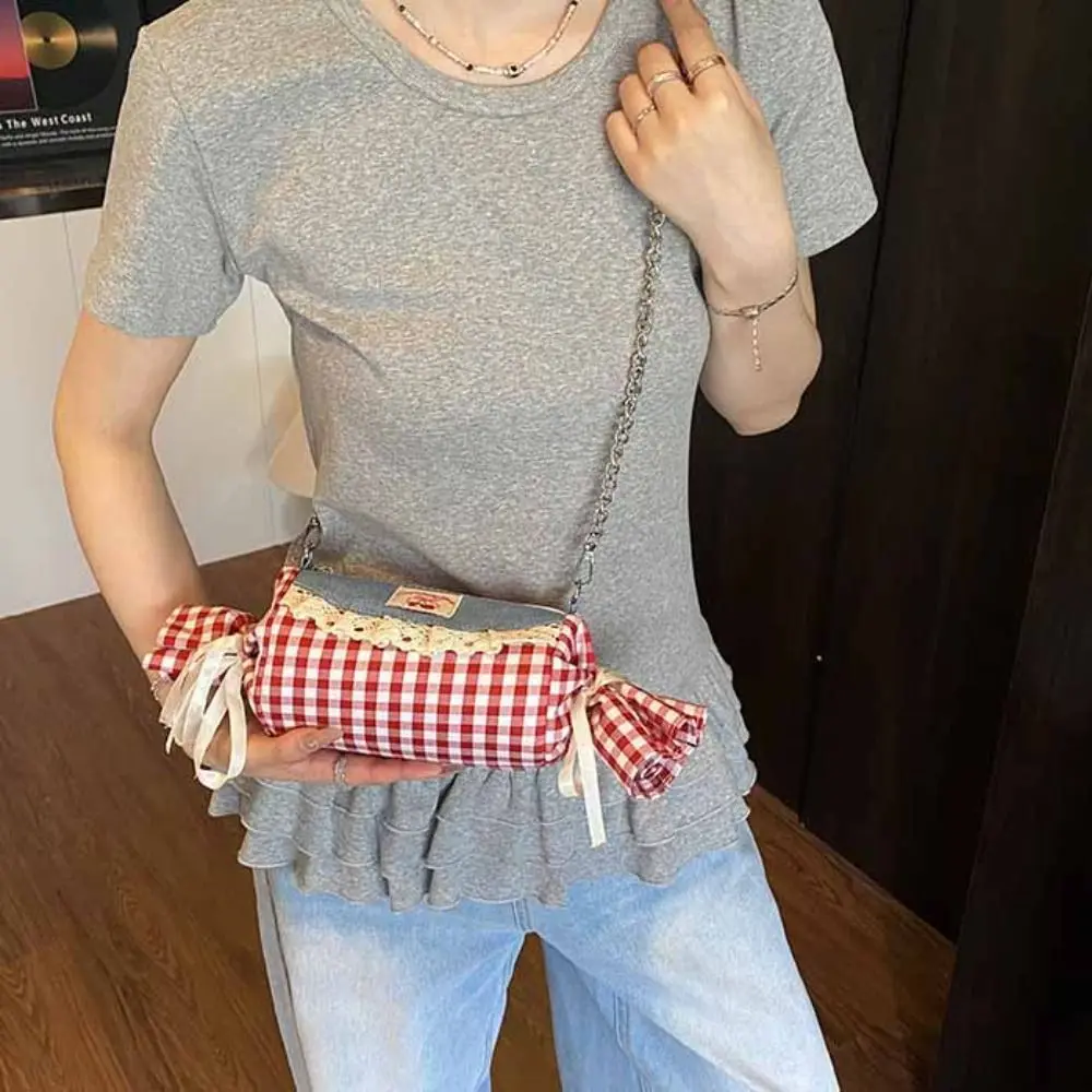 

Casual Canvas Candy Shape Bag Cherry Metal Chain Red Plaid Crossbody Bag Portable Storage Pouch Denim Lace Shoulder Bag Outdoor