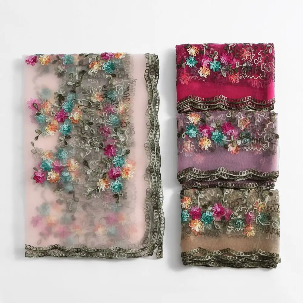 

Elegant Hijab Organza Long Shawl Embroidered Flower Wave Edge Square Women Headscarf Sunscreen Scarf Women