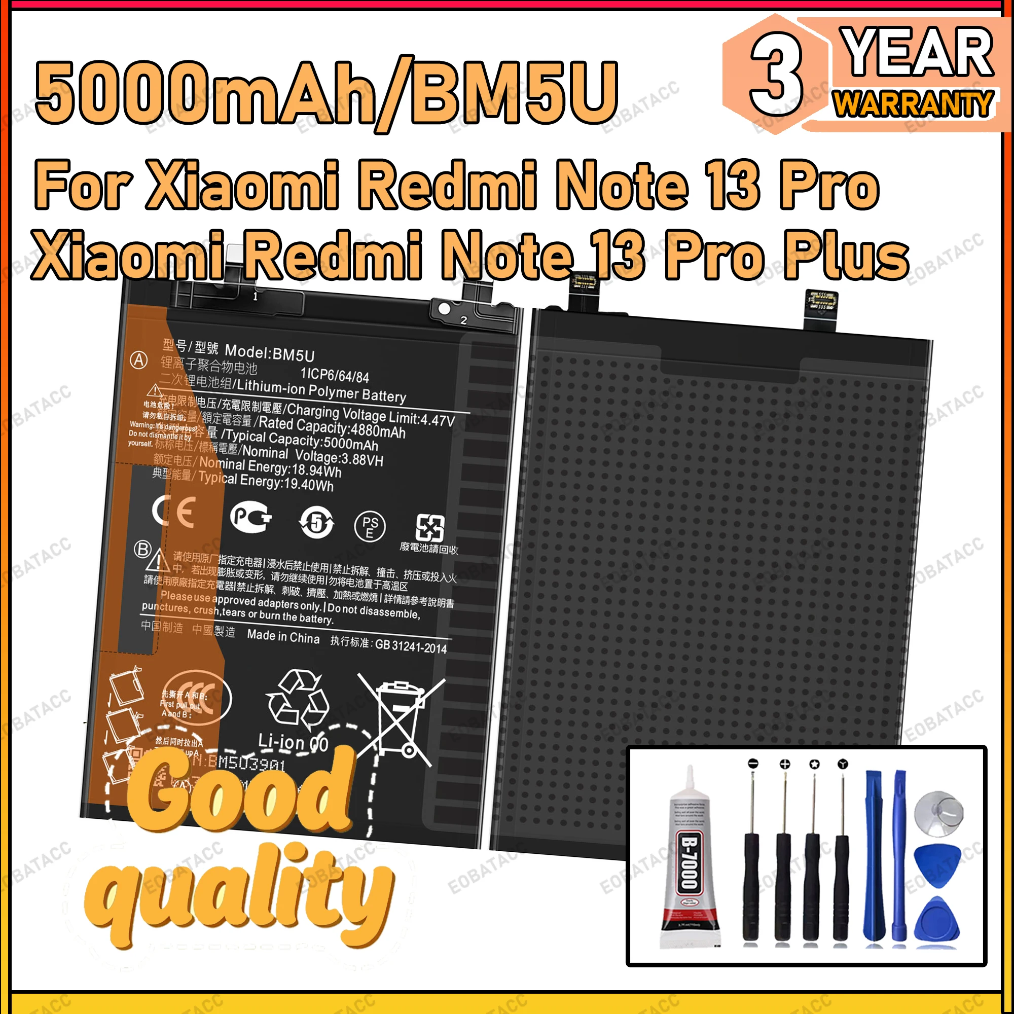 100% nova bateria bm5u de ciclo zero para xiaomi redmi note 13 pro/redmi note 13 pro plus bateria + ferramentas gratuitas