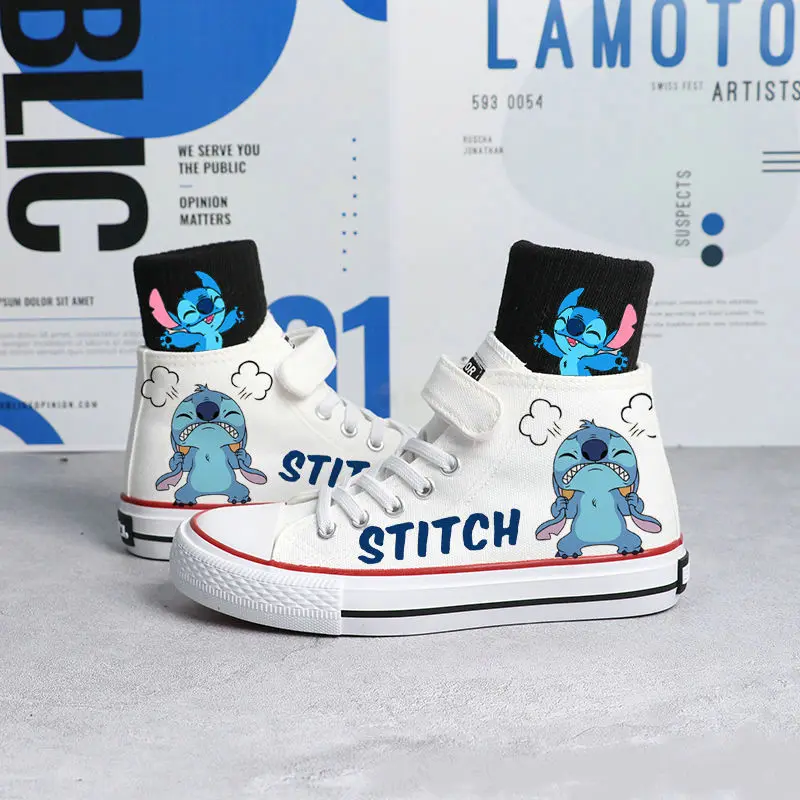 Chaussures en toile décontractées Disney CAN o & Stitch pour enfants, baskets de dessin animé pour enfants, coupe haute blanche, chaussures de