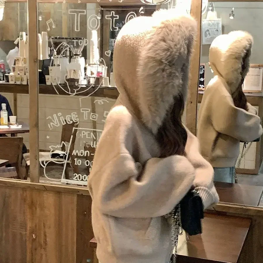 

Large Fur Collar Sweater Cardigan Coat for Women Autumn and Winter Loose Slimming Soft Waxy Versatile Sweater