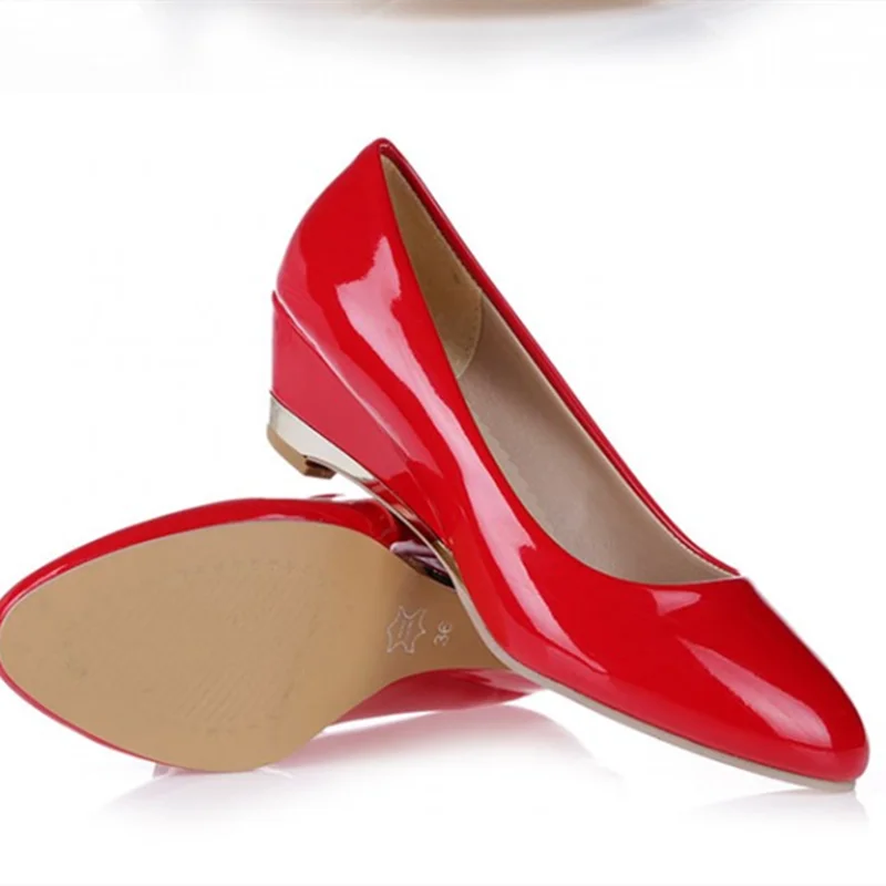 Lady Pointy Toe Shiny Patent Leather Wedges Heels Pumps 4cm Yellow Red Black White Shoes Comfortable Classic Zapatos Big Feet 48