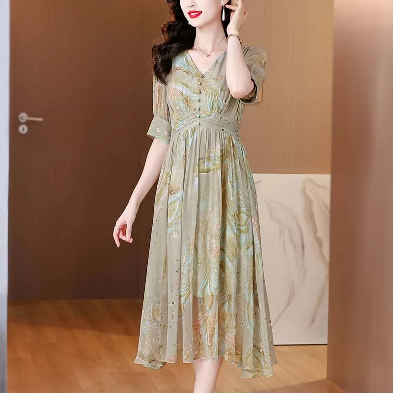 2025 Summer Print Silk Chiffon Elegant Casual Beach Dress Chic V-Neck Casual Long Boho Dress Women Bodycon Party Night Dress