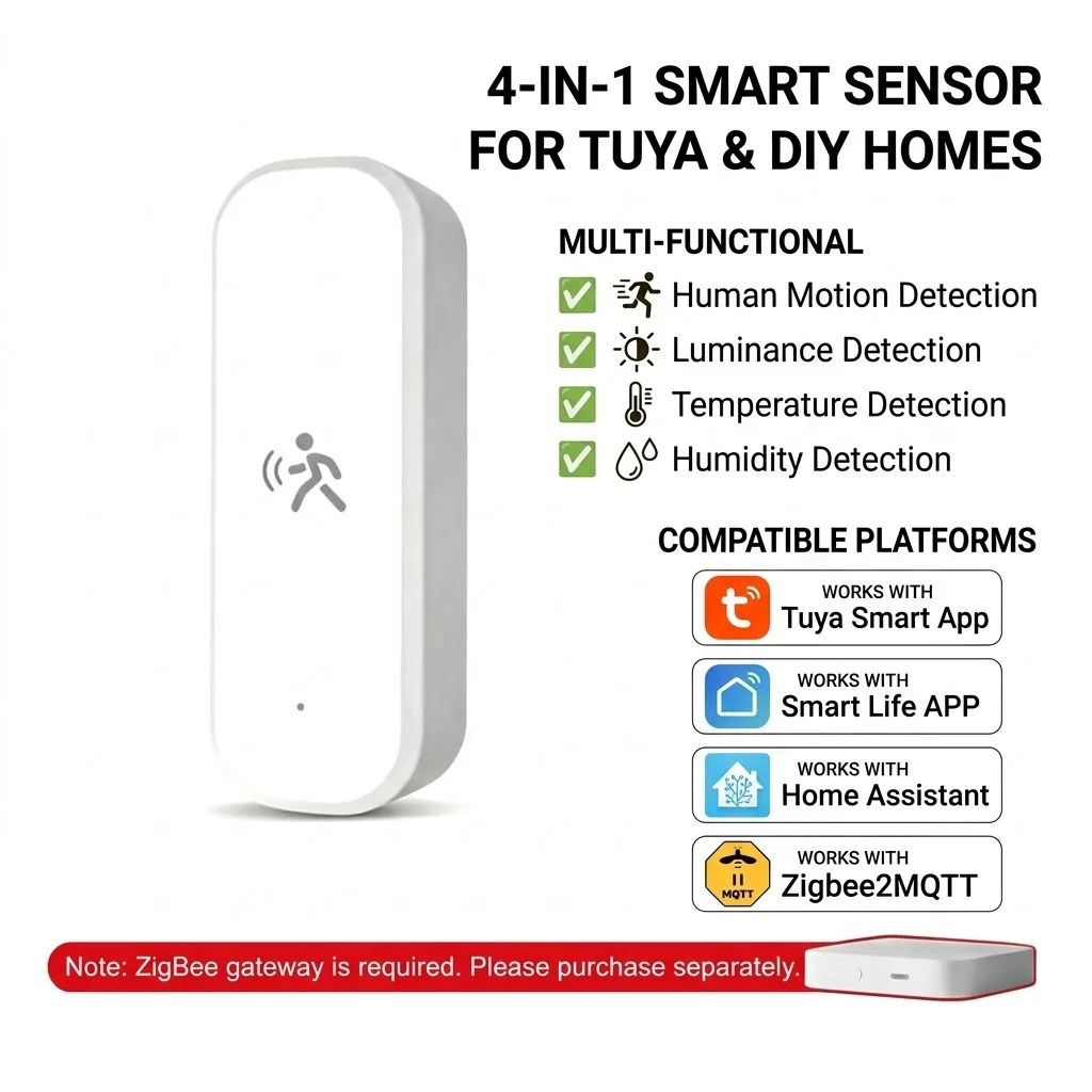 Zigbee 3.0 10G Radar-Bewegungssensor mit Licht-, Temperatur- und Feuchtigkeitserkennung für Z2M Sicherheitsalarmsensor