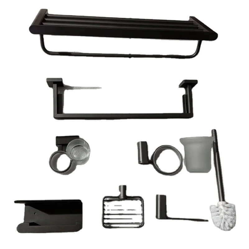 

Hotel Bathroom Hardware Fittings Oem_odm Black 7 Piece Set Include Glass Shelves Bathroom Towel Rack Holder Set