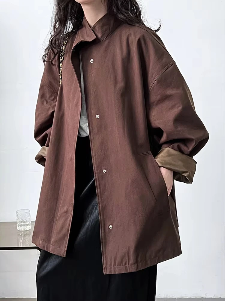 

Loose Fit Brown Big Size Casual Jacket New Stand Collar Long Sleeve Women Coat Fashion Tide Spring Autumn 2024 1DH1704