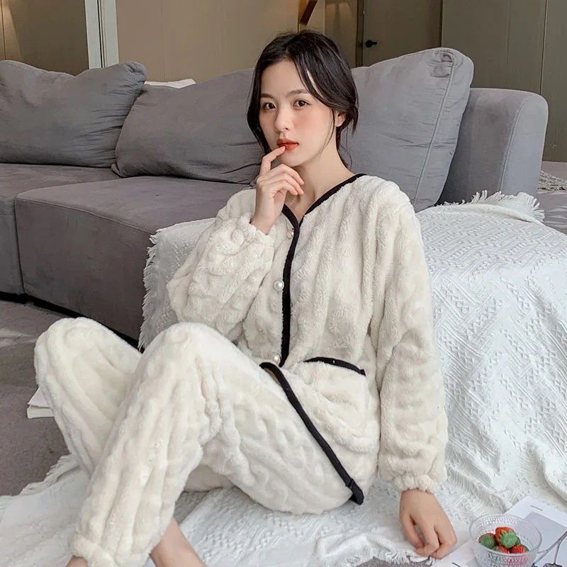 

Пижамный комплект из кораллового флиса, осенне-зимняя утепленная домашняя одежда для девочек, минималистичная ночная рубашка из кораллового флиса, фланелевая теплая женская одежда для сна