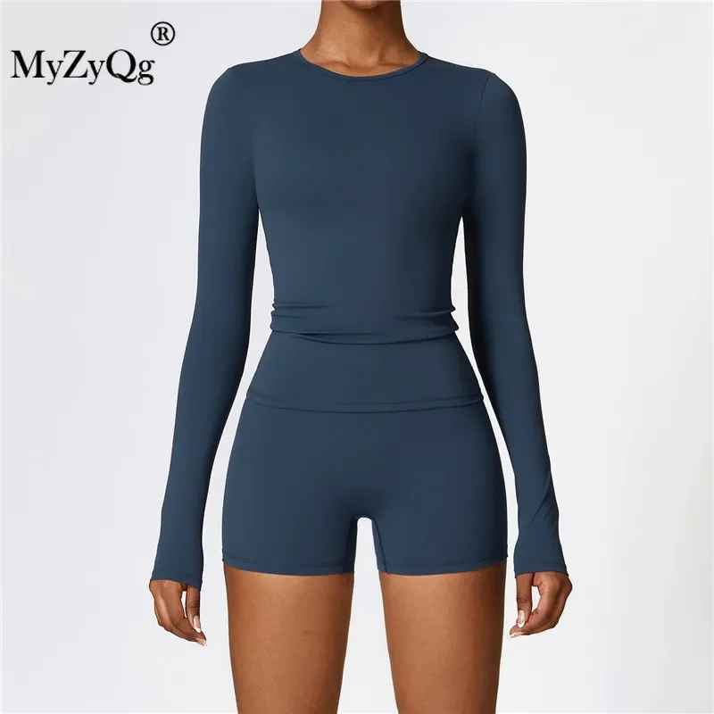 

MyZyQg Women's Yoga Sets Sportswear Long Sleeve T-shirts Shorts Quick Dry Fitness Wearing Running Sports Shorts Suit