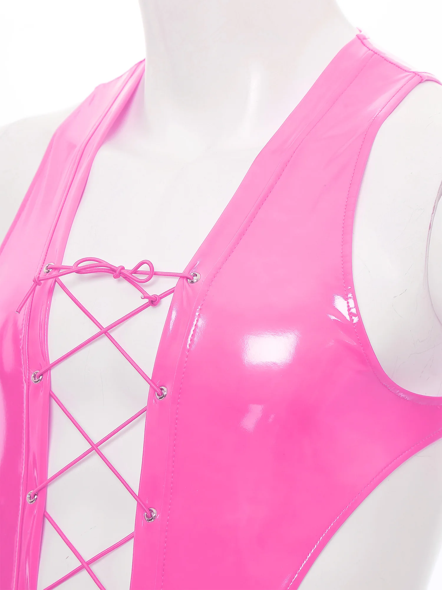남성 젖은 모양의 라텍스 란제리 바디 슈트 민소매 속이 빈 레이스 업 파우치 끈 팬티 점프 슈트 Fuax Leather Rave Party Nightclub Wear