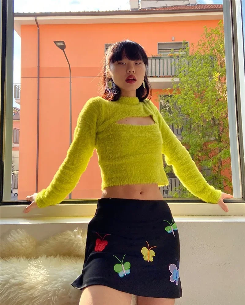 Y2k-Pull en peluche en fourrure de vison pour femme, haut court à manches longues, pull chaud, poitrine creuse, mince, vert avocat, sexy, hiver