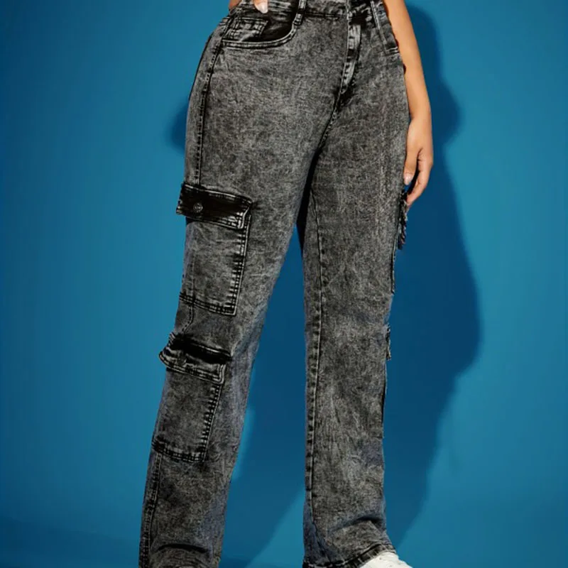 جينز نسائي فاخر لعام 2025 على الموضة الأوروبية والأمريكية، سروال طويل من قماش الدنيم متعدد الجيوب عالي المرونة