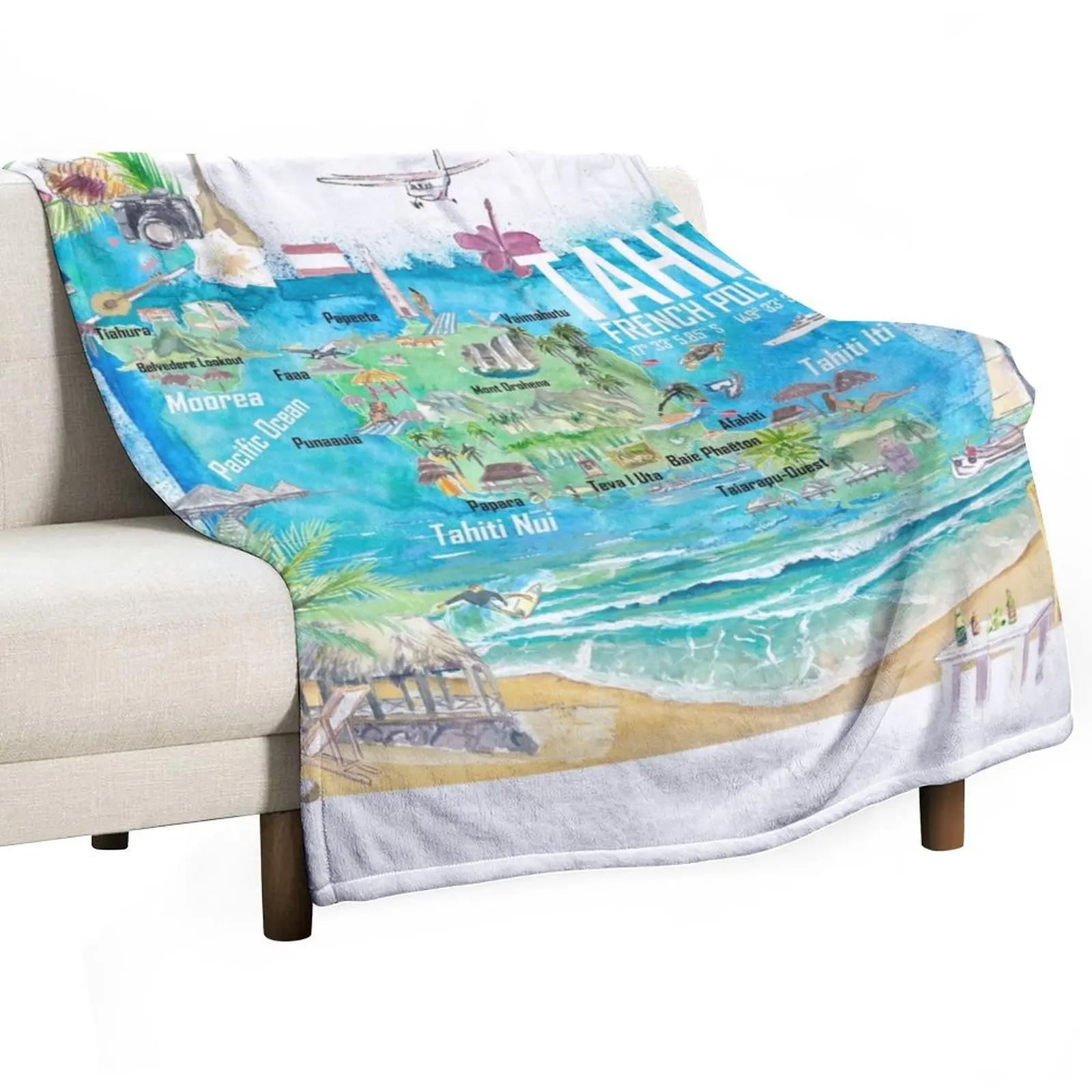 Tahiti Illustrated Travel Map with Roads and Highlights Throw Blanket warm winter Blankets For Sofas Blankets