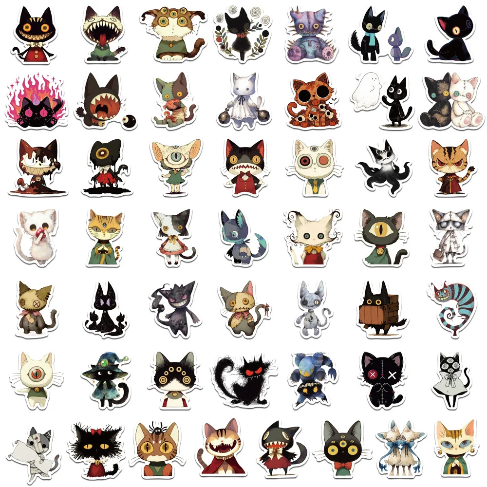 50PCS Halloween Horror Gothic Cartoon Weird Cat Stickers DIY Luggage Laptop Phone Case Skateboard Sticker Toy