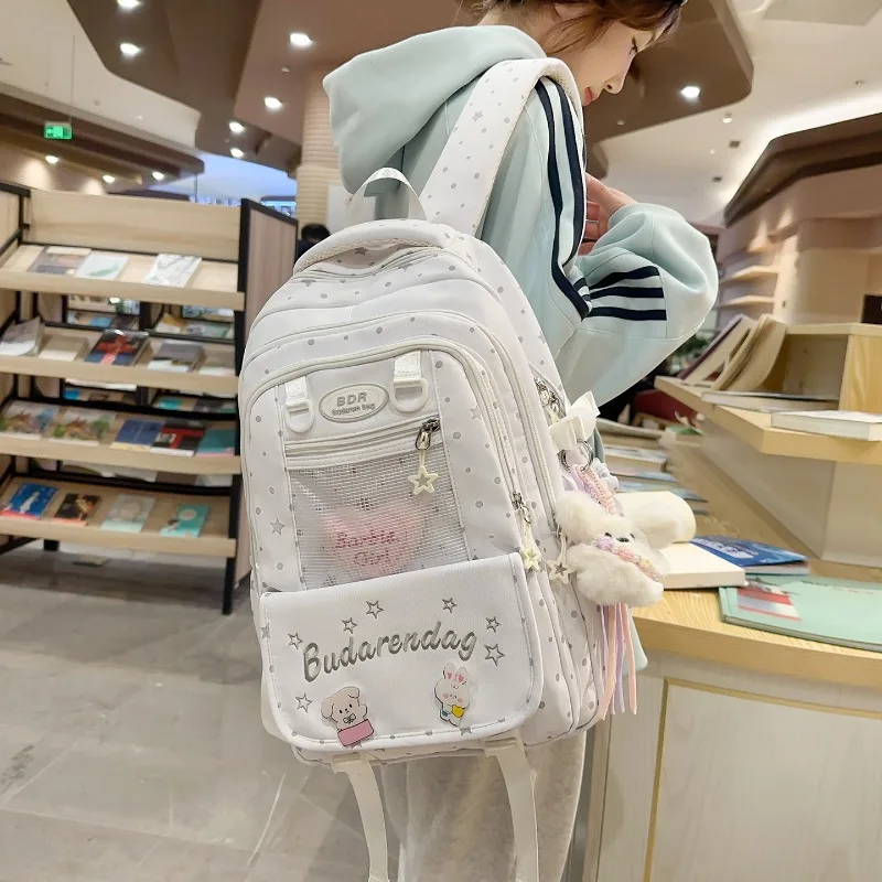 traveasy-brand-2026-new-polka-dot-star-print-student-schoolbag-for-girls-nylon-clear-pocket-with-plush-pendant-casual-daypack