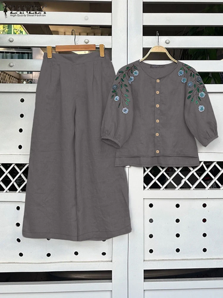 

ZANZEA Casual Day Wear 2 Piece Sets Loose Woman Wide Leg Pants Floral Embroidery 3/4 Sleeve Shirts Two Piece Outfits Pant Sets