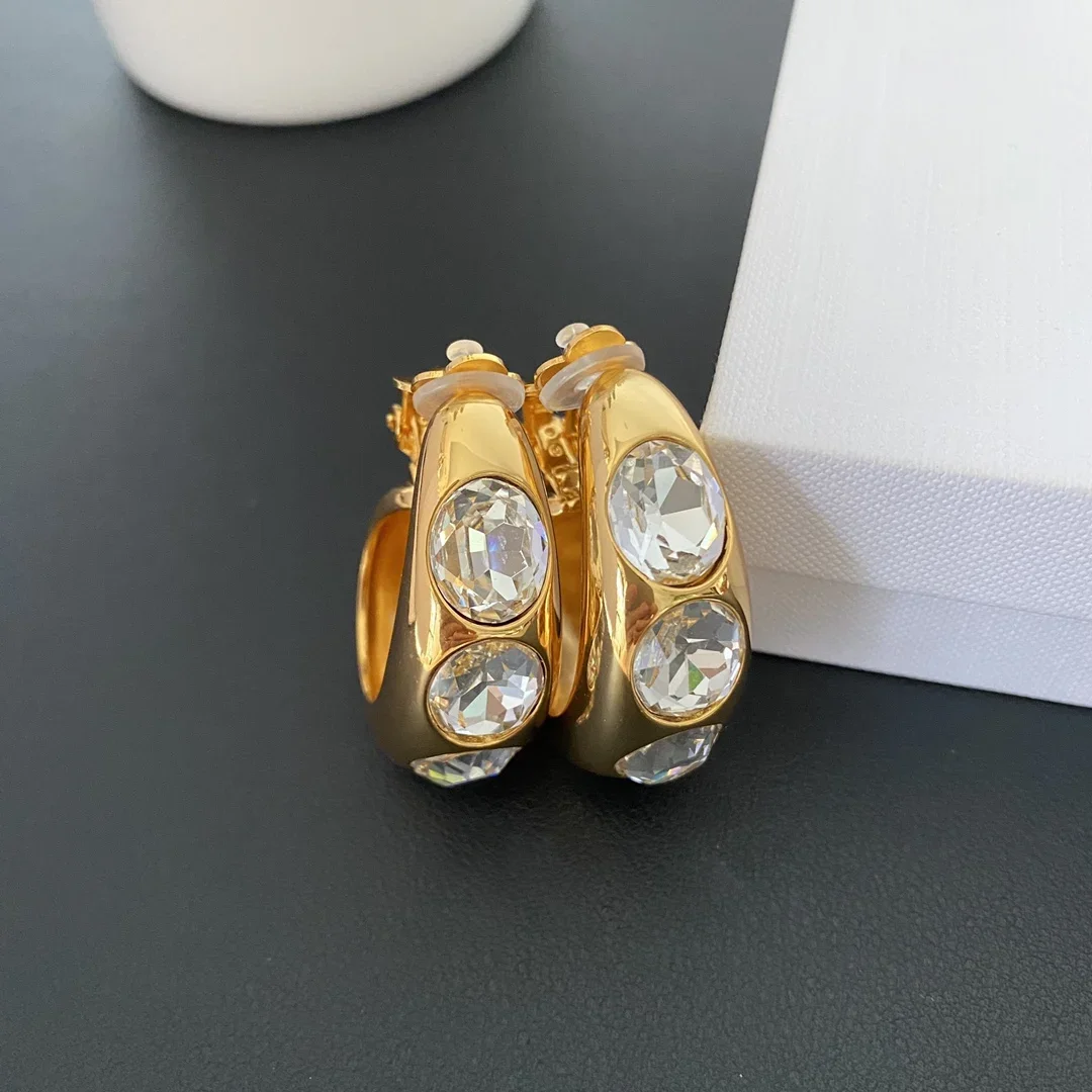 Vintage Designer Gold Plated Large Crystal Ear Clip Earring Woman Top Quality Jewelry Trend