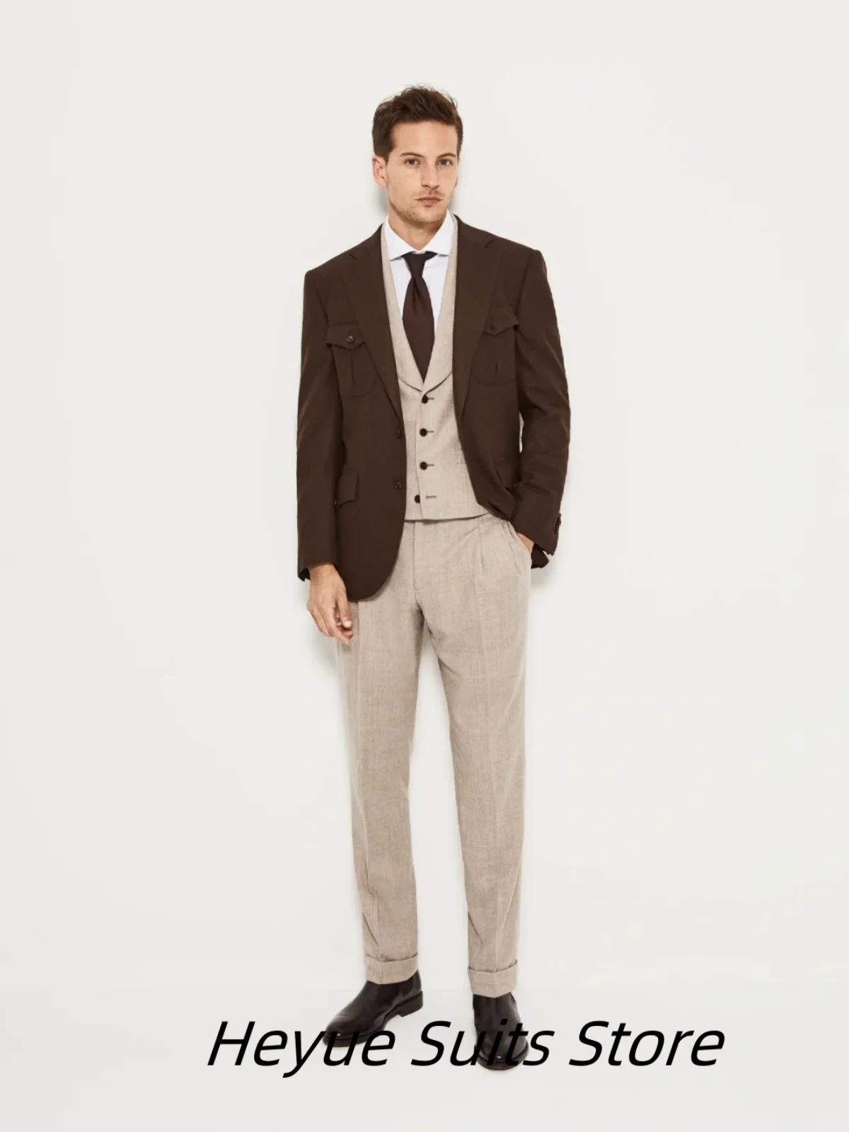 

Gentleman Dark Brown Men Suits British Style Notched Lapel Groom Formal Tuxedos Business Jacket +Beige Vest+Pants Costumes Homme