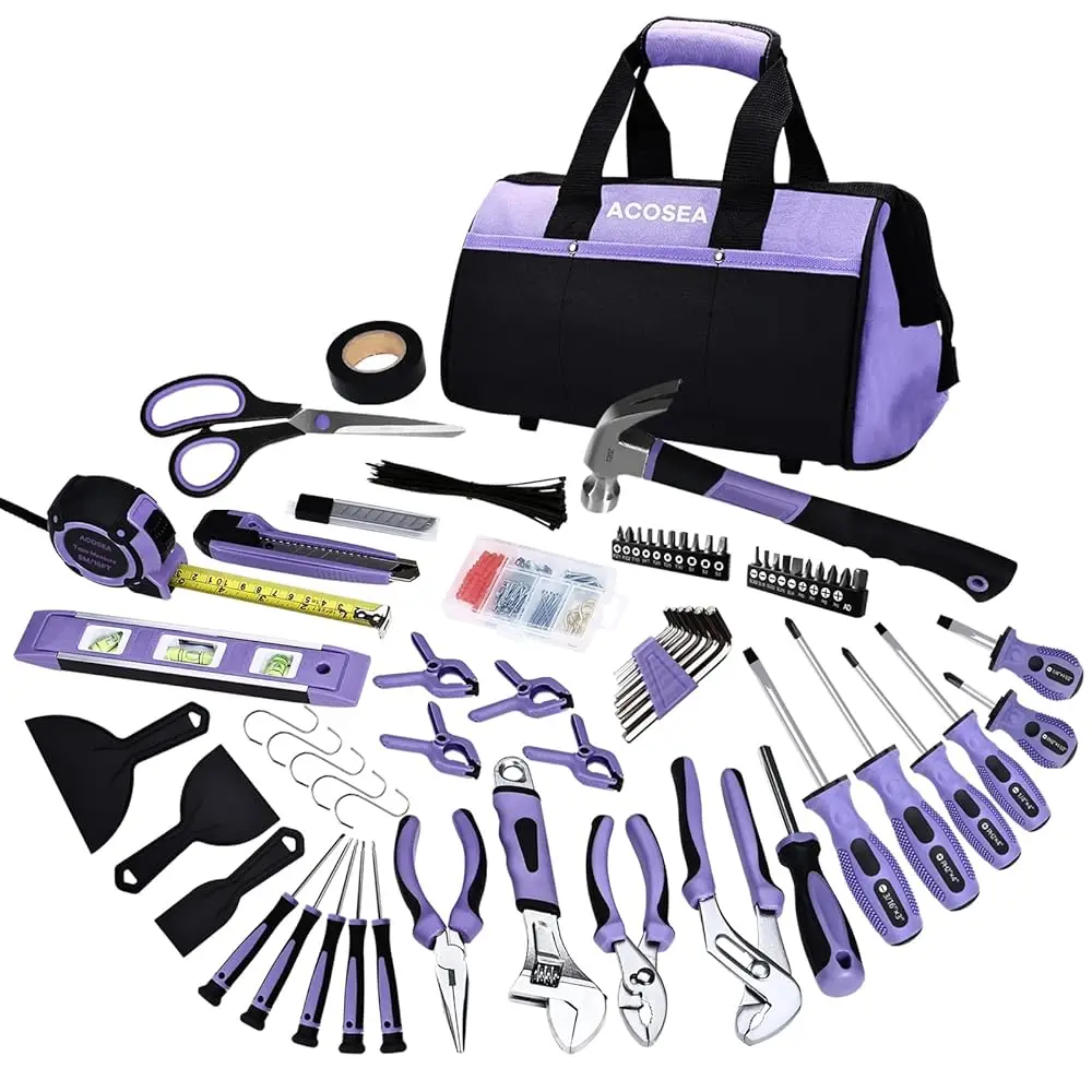 

Purple Tool Set,223-Piece Tool Sets For Women,Tool Kit With 13-Inch Wide Mouth Open Purple Tool Bag,The Basic Tool Set Is