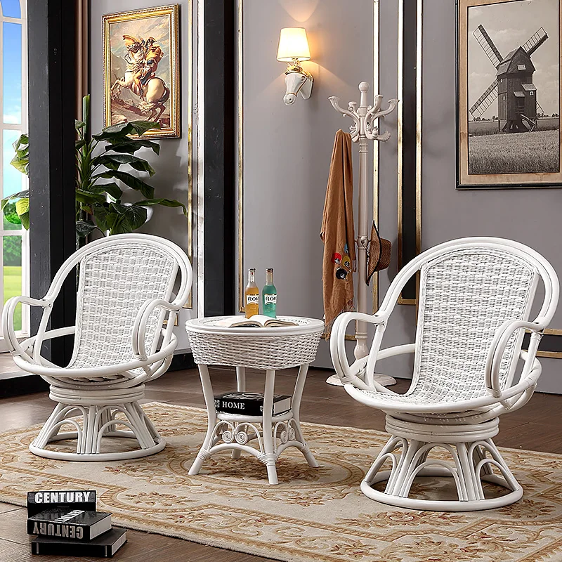 Balcony Real Rattan Table Chair Tea Table Combination White Solid Wood Rattan Tea Table Three-piece Set of Furniture