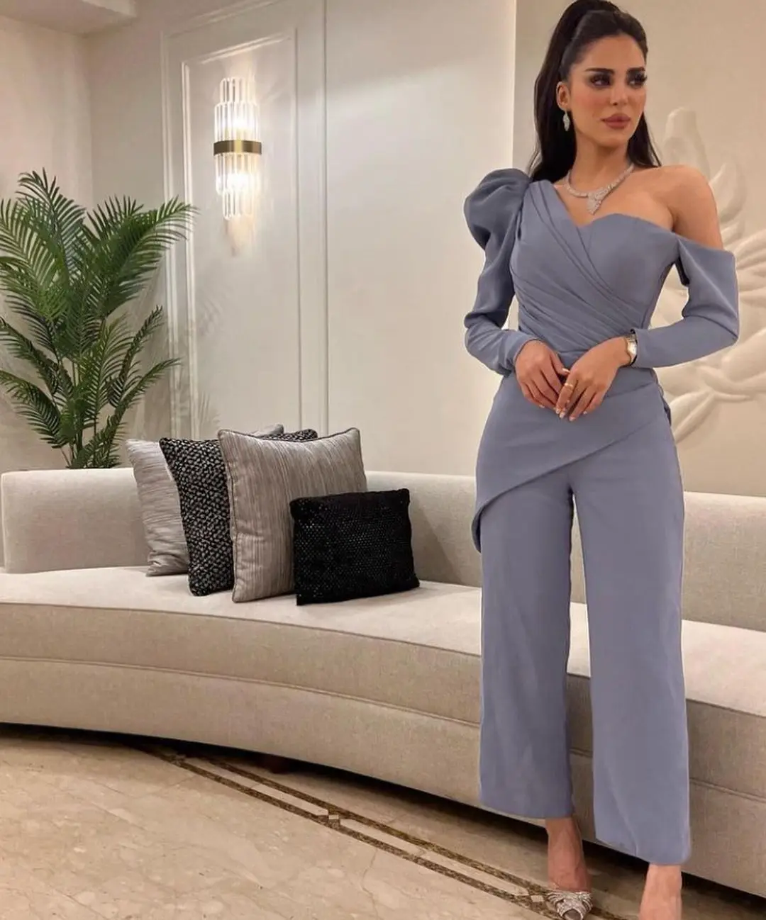 

Fashionvane Dubai Ladies Wear Jumpsuits for Prom Party Long Sleeves Ruched Zipper Formal Occasion Saudi Arabia Evening Pant Suit