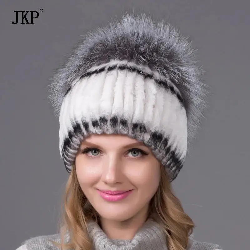 JKP Fashion Real Rex Rabbit Fur Hat Female Winter Thick Warm Knitted Caps Women's Natural Fox Fur Earflap Hat THY-09