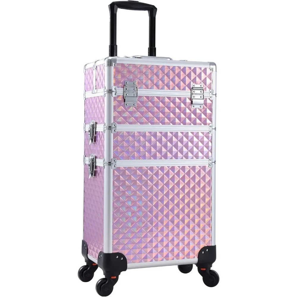 

Professional Rolling Makeup Train Case with 360° Wheels, Lock, and Diamond Pattern - Pink