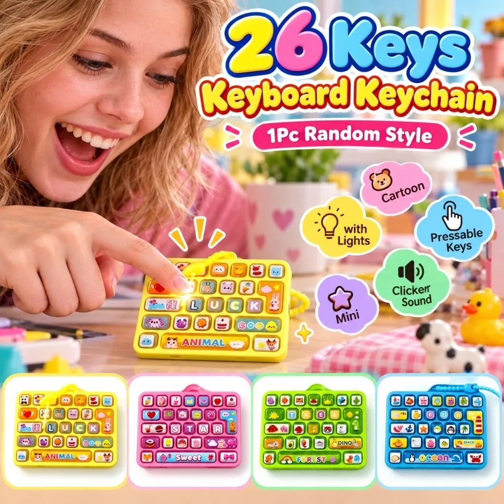 Cartoon 26 Keys Keyboard Keychain Mini Animals Keyboard Clicker Keychain with Lights Pressable Keys Sensory Clicker Travel Use