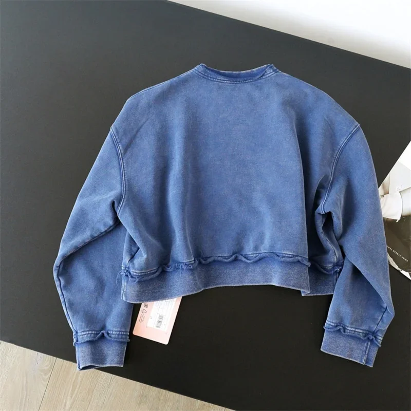 Retro Style Couple Make M277852 Old Blue Crew Neck Sweater Autumn Winter Loose Solid Color Curling Terry Women\'s Long Sleeves