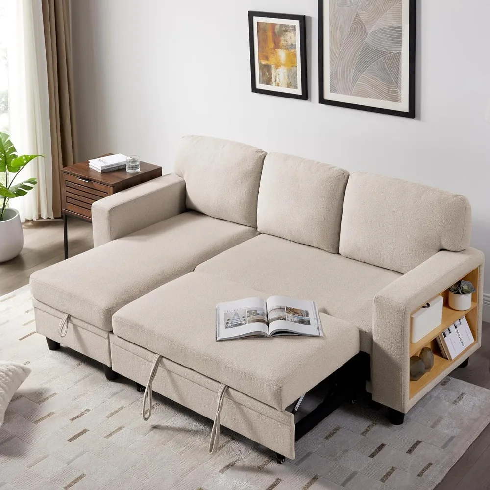 

80” Sleeper Sofa Bed,L-Shaped Convertible Sectional Couch with Storage Chaise,2 Built-in Bookshelves and USB Charging