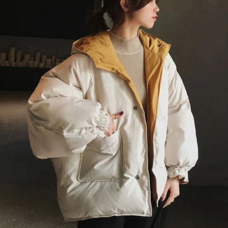 

Women's Thickened Cotton Jacket Autumn Winter Outerwear Double-Sided Wear Bread Style Loose Fit Korean Hong Kong Street Style