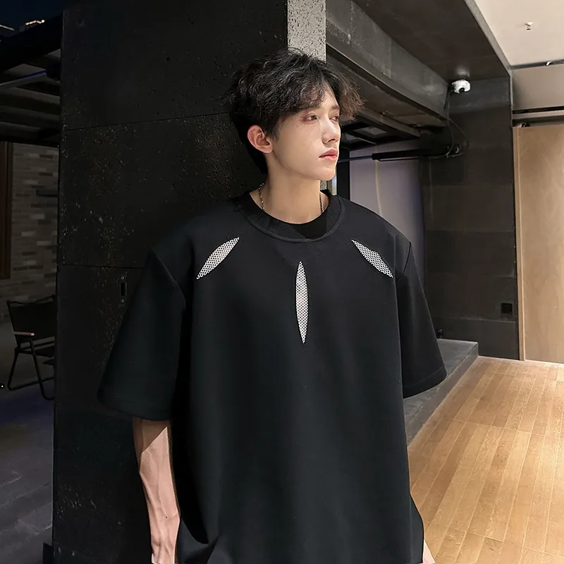 High End Heavyweight Shoulder Pad Gray Short Sleeved Men Summer American Style Cool Stylish Clothing Design Niche Men's T-shirt