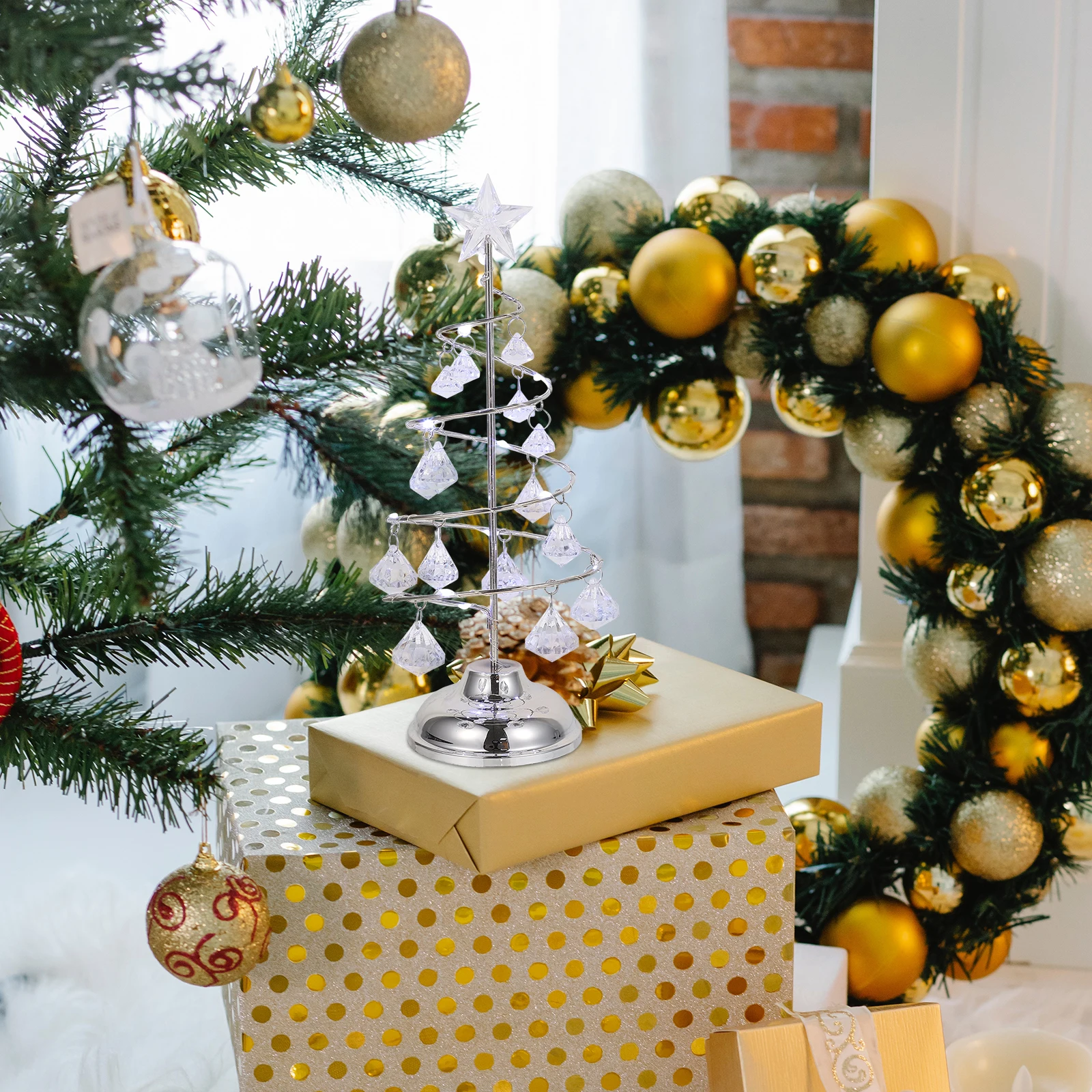 

Small Desktop Christmas Tree Wrought Iron Crystal Pendants Night Light Tabletop Xmas Party Tiny Christmas Decor