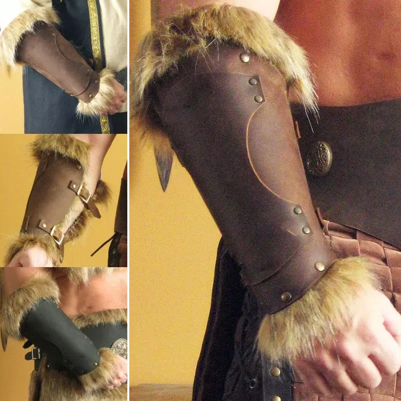 Medieval Viking Pirate Leather Arm Guards Steampunk Wristband Vambrace Fur Bracer Knight Cosplay Costume Gauntlet Armor For Larp