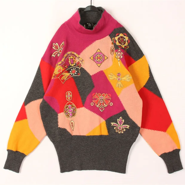 

Vintage Hooked Flower Woolen Sweater Overcoat Sweet Ethnic Style Harajuku Wind High Collar Long Sleeve Winter Women's Knitwear