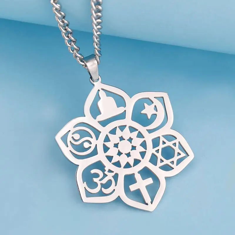 Dawapara Coexist Harmony Lotus Pendant Om Religious Symbol Peace Necklace Dharma Wheel of Life Stainless Steel Jewelry