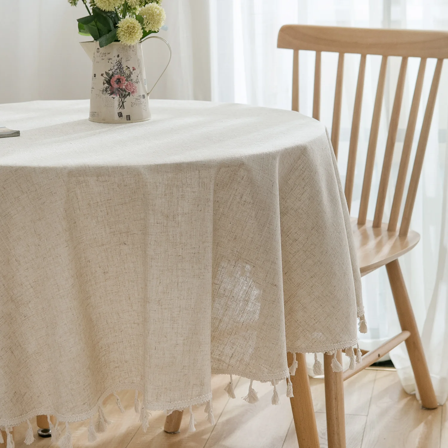 Linen Cotton Round Tablecloth Ruffle Table Cloth Vintage Dining Table Cover For Kitchen Coffee Table Party Birthday  Decor