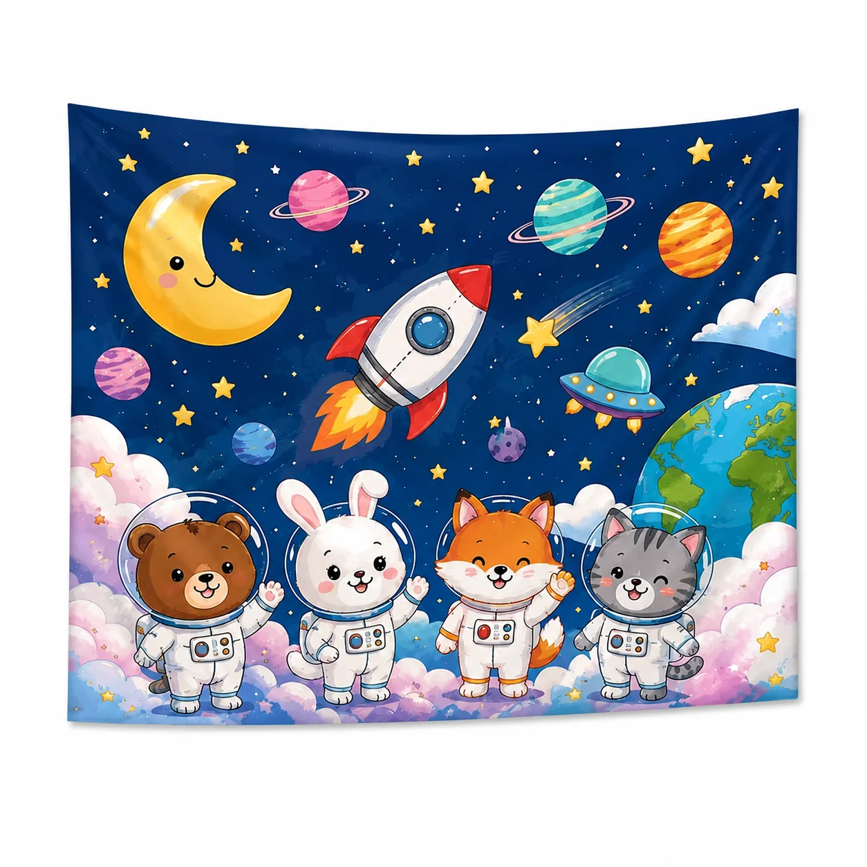 custom Blue space themed cartoon tapestry with galaxies planets and stars design perfect for living room bedroom or dorm decor