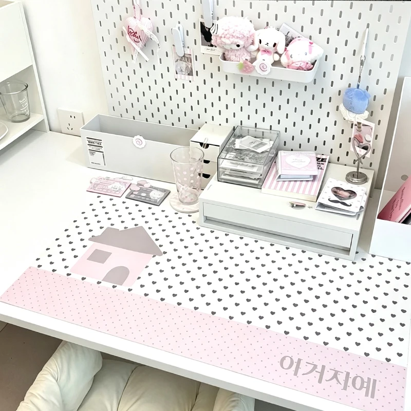 Leather PU Desk Pad Protector Cute Pink Lace Strawberry Polka Dot Girl Y2K Mouse Pad Office Waterproof Non-Slip Desk Blotter Pad