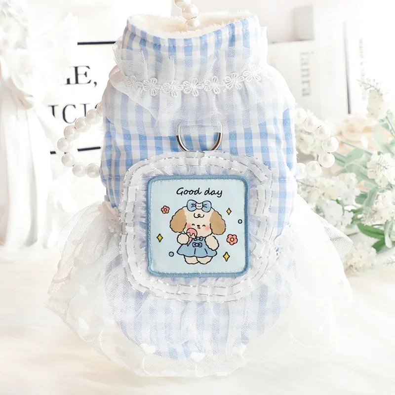 Princess Dog Cat Warm Dress plaid lace Design Fashionable Dog Clothing for Autumn and Winter