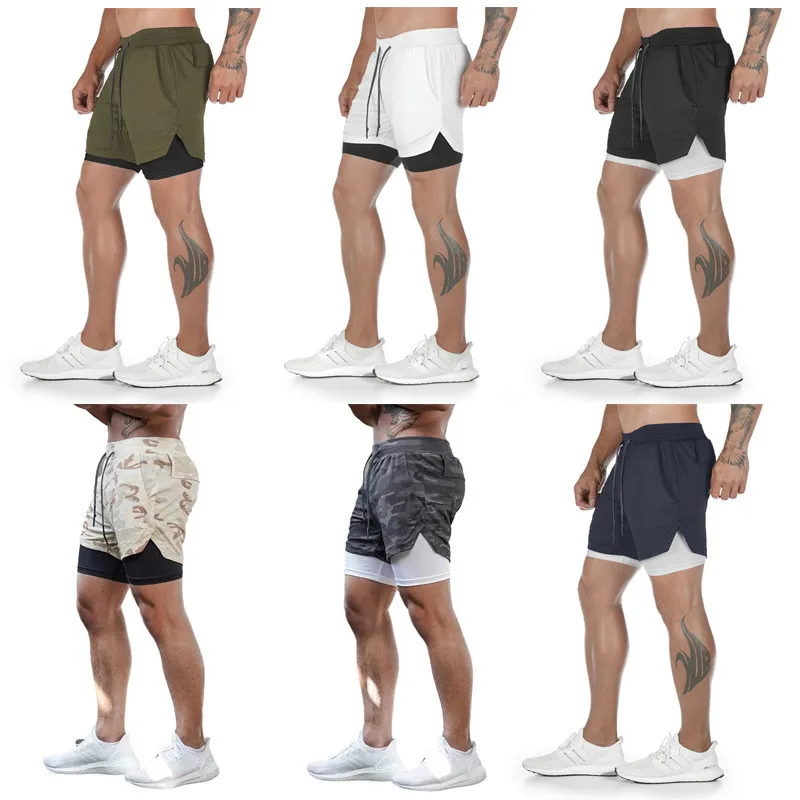 M-5XL Herren 2-in-1 Streetwear-Fitness-Shorts, weiß, atmungsaktiv, Jogger-Shorts, Fitnessstudios, Bodybuilding, schnell trocknend,