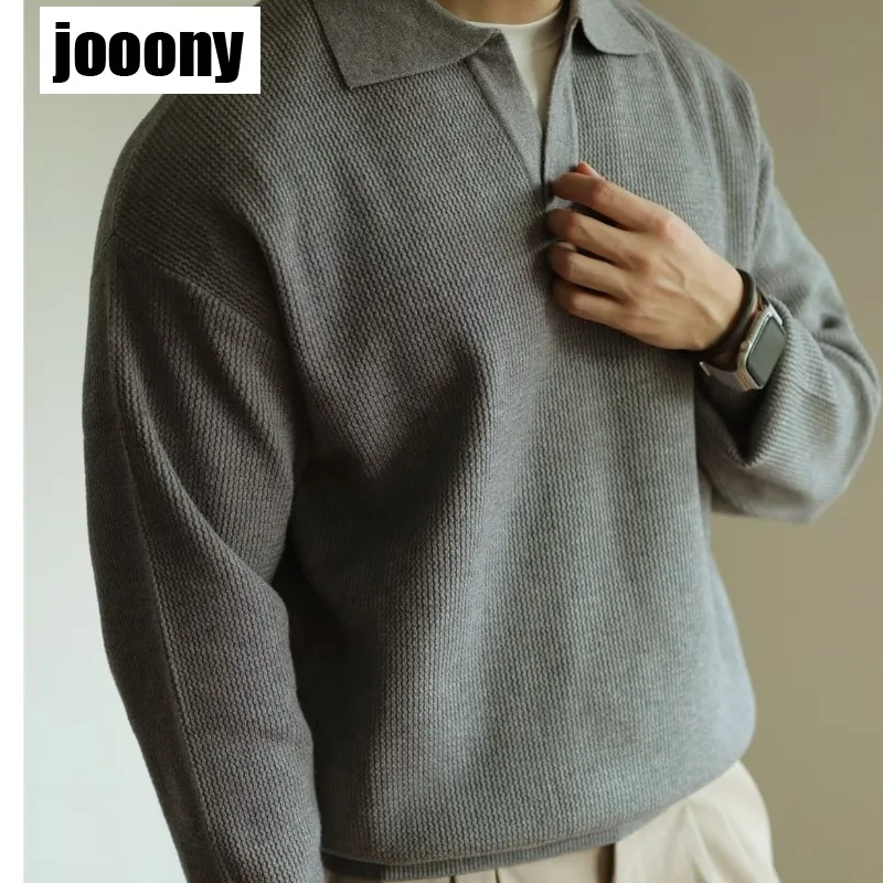 남성용 빈티지 니트 폴로 셔츠, 단색 상의, 캐주얼 스웨터, 긴팔 턴다운 칼라, 점퍼 상의, 가을