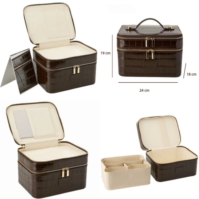 Large Capacity Double-layer Luxury Cosmetic Bag for Travel Top Handle Portable Pu Leather Multi Partition Vanity Case