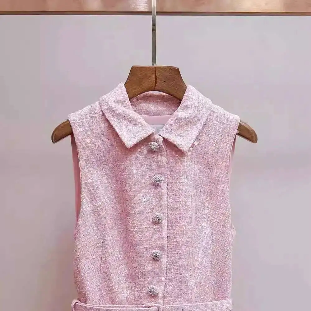 Luxury Pink Short Sequins Dress Tweed Two Piece Set Women\'s Jacket Pleated Short Skirts Suits Single Breasted Top Party Vestidos